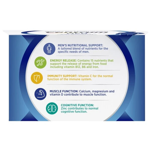 Centrum Men 30 tablets back view with details on energy release, immunity support, and muscle function.