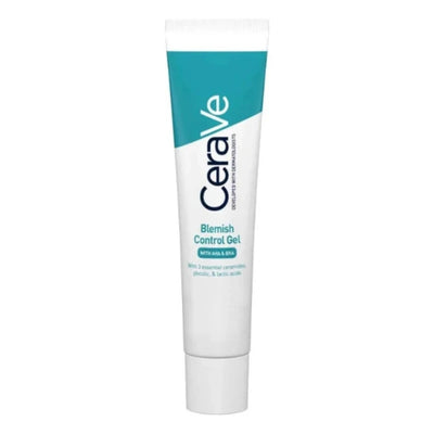 CeraVe Blemish Control Gel in a white squeeze tube with a teal accent band and black brand name, shown on a plain white background.