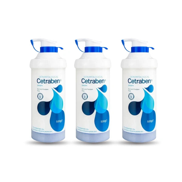 Three Cetraben bottles with blue and white design on a white background