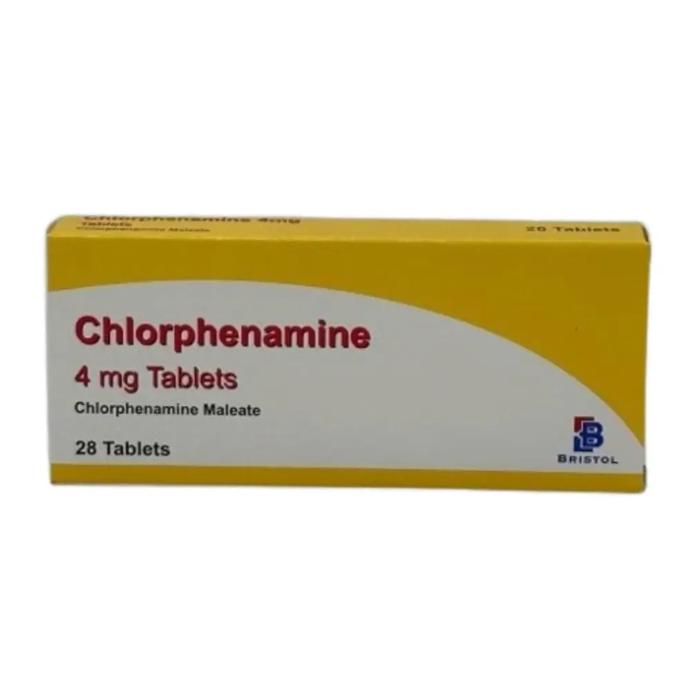 A yellow and white box of Bristol Chlorphenamine 4 mg Tablets, containing 28 tablets, shown against a plain white background.