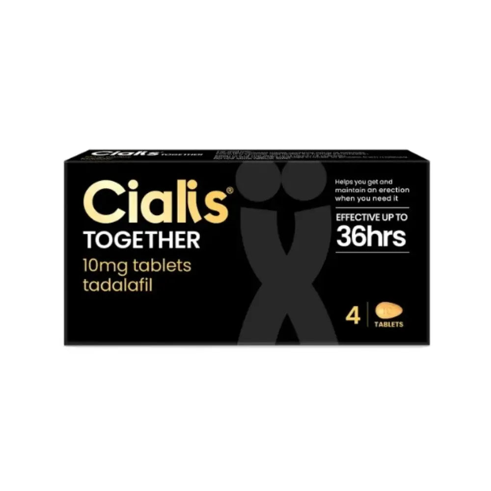 A black box of Cialis Together 10mg tablets (tadalafil) containing 4 tablets, shown against a plain white background.