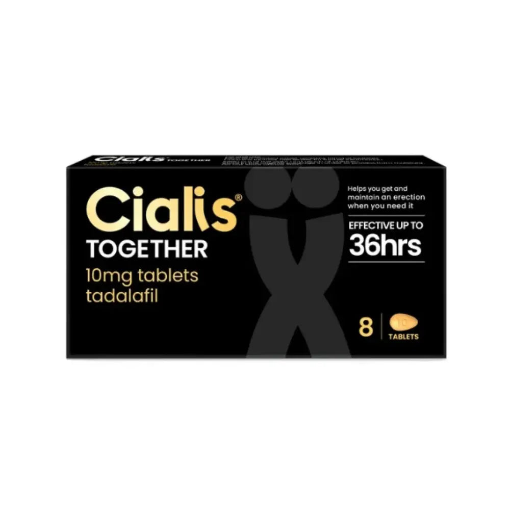 Cialis Together 10mg tablets box containing 8 tablets, shown on a plain white background.