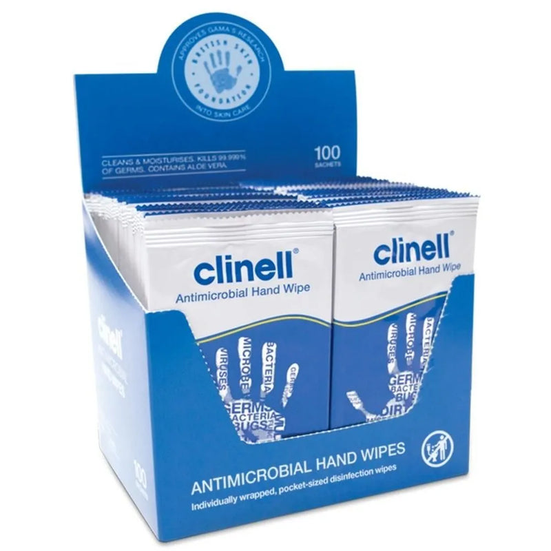 A blue and white display box of Clinell Antimicrobial Hand Wipes, showing two individually wrapped packets inside, on a plain white background.