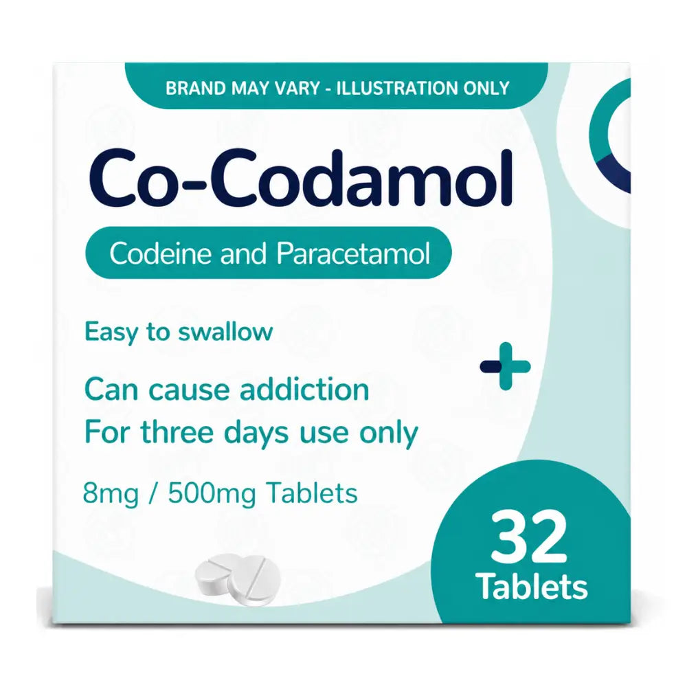 Co-Codamol medication packaging with text about codeine and paracetamol.