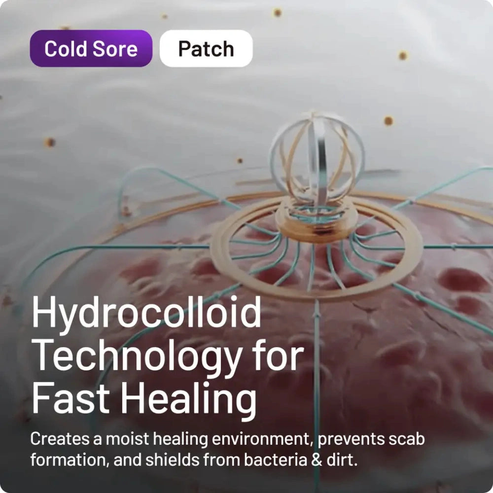 A promotional graphic for a cold sore patch showing a close-up of a transparent dome-like patch with a central metallic ring and text reading 'Cold Sore Patch' and 'Hydrocolloid Technology for Fast Healing.'.