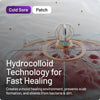 A promotional graphic for a cold sore patch showing a close-up of a transparent dome-like patch with a central metallic ring and text reading 'Cold Sore Patch' and 'Hydrocolloid Technology for Fast Healing.'.
