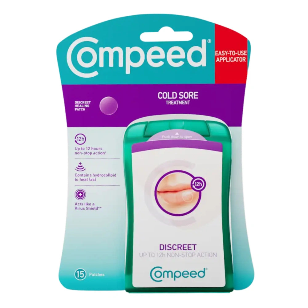 Compeed Cold Sore Patches 15 Treatment Discreet patches in a blister pack, featuring a teal and purple design with a clear window showing the patches inside.