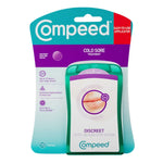Compeed Cold Sore Patches 15 Treatment Discreet patches in a blister pack, featuring a teal and purple design with a clear window showing the patches inside.