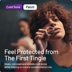 A promotional graphic for a cold sore patch. A close-up of a woman with curly brown hair holds her hand near her mouth, with a blurred person in the background.
