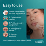 Instructions for using a lip patch with a close-up of a person applying it, on a teal background with Compeed branding.