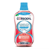 A 500 ml bottle of Corsodyl Daily Mouthwash Extra Fresh 500ml, featuring a pink liquid inside a clear bottle with a blue cap and a red, white, and blue label.