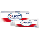 Corsodyl 1% W/W Dental Gel 50g tube and packaging box, featuring a white and red design with blue branding on a plain white background.