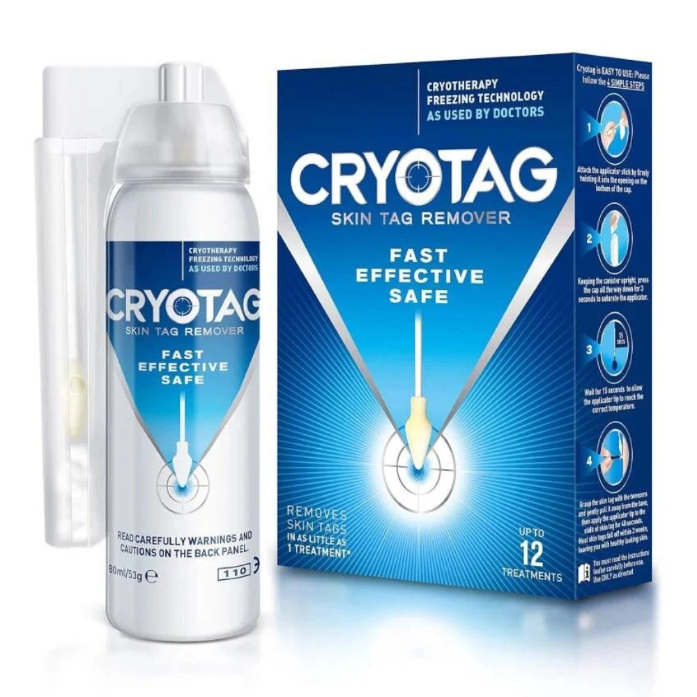 Cryotag Skin Tag Remover kit featuring a silver spray bottle with a blue and white label, a clear protective cap, and its blue retail box on a white background.