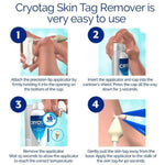 Instructional graphic for a Cryotag skin tag remover, showing four numbered steps with photos of hands using the white canister applicator and demonstrating removal of a skin tag.