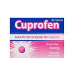 Cuprofen Maximum Strength Ibuprofen 400mg tablets packaging box, containing 24 tablets, shown on a plain white background.