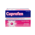 Cuprofen Maximum Strength Tablets 400mg box packaging, featuring a blue and pink design with white text indicating 48 tablets.