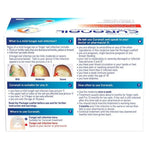 A printed informational leaflet page about a mild fungal nail infection, with text, warning icons, and small photos of a nail affected and treated. The page is photographed against a white background with a blue header.

