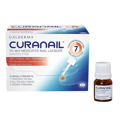 A box of Galderma Curanail 5% WV Medicated Nail Lacquer alongside a 3ml amber glass bottle with a white cap, on a plain white background