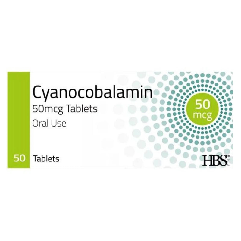HBS brand Cyanocobalamin 50mcg Tablets packaging box, featuring a white background with a green vertical bar on the left, a green circular badge with '50 mcg' on the right, and a teal dotted circle pattern.