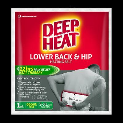 Person wearing a deep heat warming belt, smiling and feeling pain relief.
Close-up of a deep heat warming belt with adjustable straps.
Deep heat warming belt turned on, emitting heat.
Deep heat warming belt lying flat, showing its features and controls.