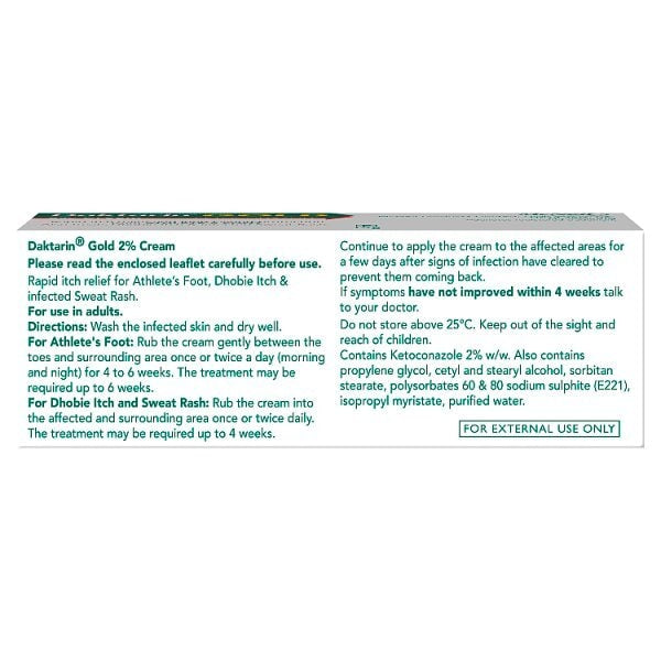 Daktarin Gold 2% Cream box highlighting relief for athlete’s foot, Dhobie itch, and sweat rash.