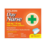 Haleon Day Nurse 500 mg / 30 mg film-coated tablets packaging box, featuring an orange background with a green medical cross, white and blue tablets, and text indicating 18 non-drowsy tablets.