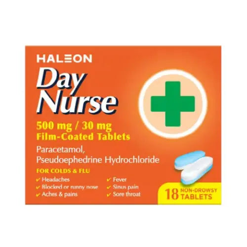 Haleon Day Nurse 500 mg / 30 mg film-coated tablets packaging box, featuring an orange background with a green medical cross, white and blue tablets, and text indicating 18 non-drowsy tablets.