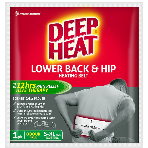 Front view of Deep Heat Belt packaging for lower back and hip pain relief with heat therapy solution.