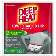 Front view of Deep Heat Belt packaging for lower back and hip pain relief with heat therapy solution.