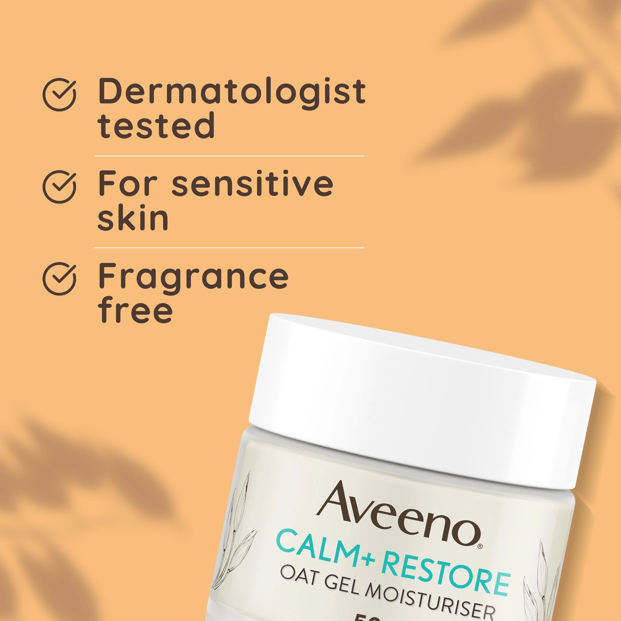 Dermatologist tested Aveeno Calm+Restore Oat Gel Moisturiser, fragrance-free for sensitive skin.