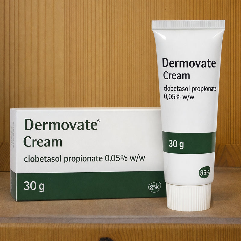Dermovate Cream Clobetasol Propionate 0.05% w/w 30g & 100g
 and tube on a wooden surface