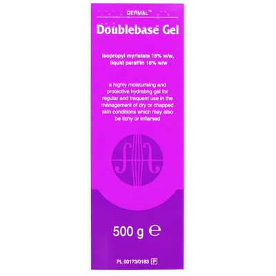 Purple packaging of Doublebase Gel 500g with text and branding on a white background