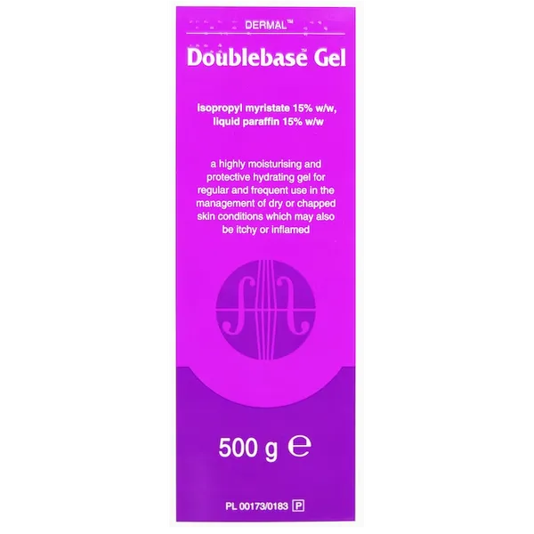 Purple packaging of Doublebase Gel 500g with text and branding on a white background
