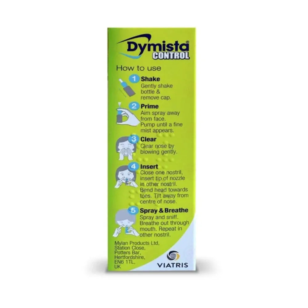 Dymista Control packaging with usage instructions on a white background