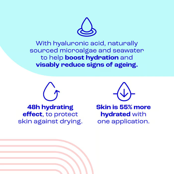 Product advertisement with text about hydration benefits on a light blue background