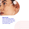 Close-up of a woman's face with a dropper applying serum, text on how to use the serum.