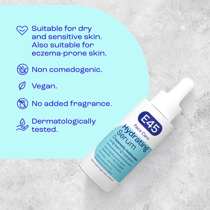 E45 Hydrating Serum bottle with product features on a textured gray background