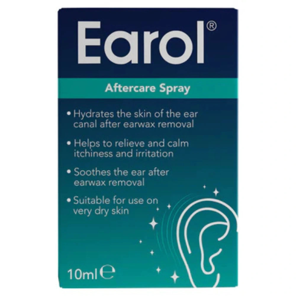 Earol aftercare spray packaging with text and ear illustration on a blue background