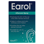 Earol aftercare spray packaging with text and ear illustration on a blue background