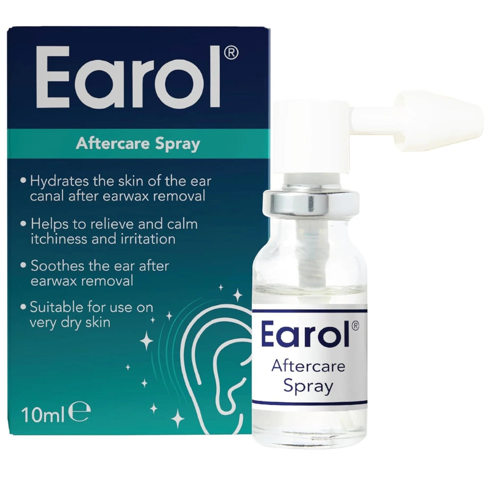 Earol Aftercare Spray shown with its retail box and a small glass spray bottle with a white applicator, on a plain white background.