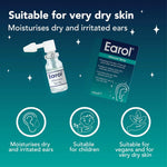 Promotional graphic for Earol Advanced Spray ear drops on a dark teal background. It shows the spray bottle and product box, with text stating it is suitable for very dry skin and moisturises dry and irritated ears.