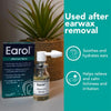 Earol Aftercare Spray bottle and its box displayed next to a potted plant, with a teal text panel on the right explaining ear wax removal benefits.