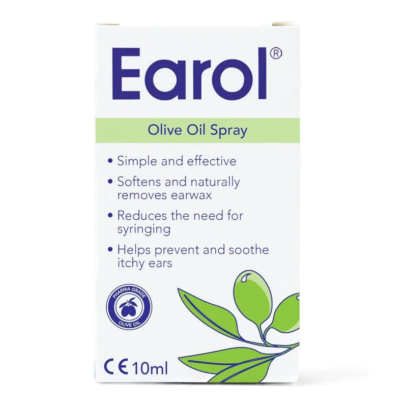 A 10ml box of Earol Olive Oil Spray, featuring a white background with dark blue branding, a light green horizontal banner, and green olive leaf illustrations.