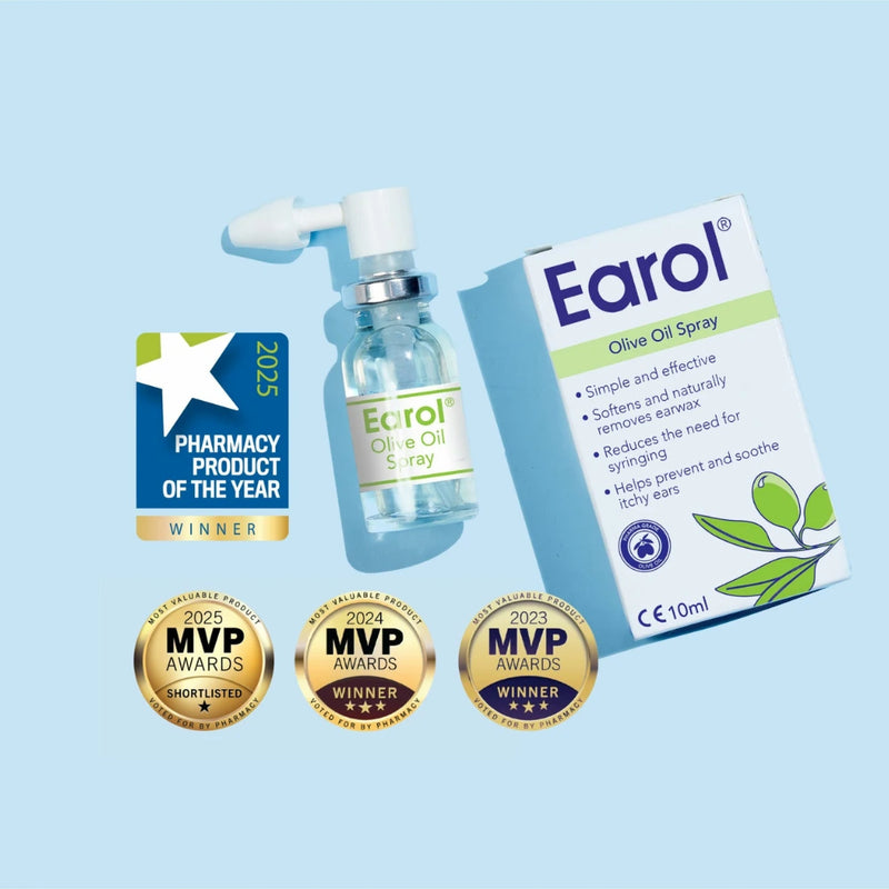 Earol Olive Oil Spray bottle and packaging box on a light blue background, with a 2025 Pharmacy Product of the Year award badge and three gold MVP Awards seals at the bottom.