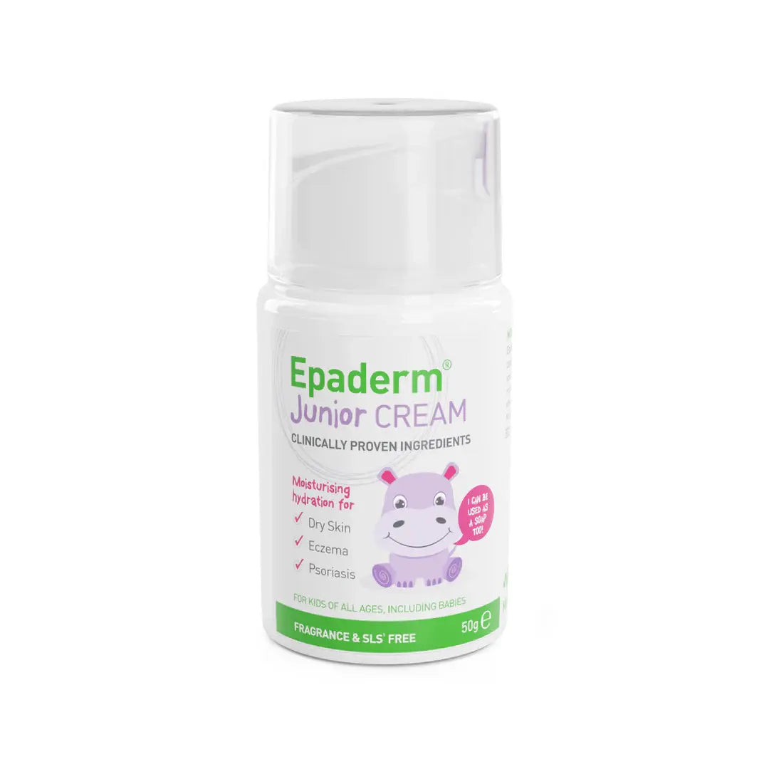 Epaderm Junior Cream 50 container with hippo illustration on a white background