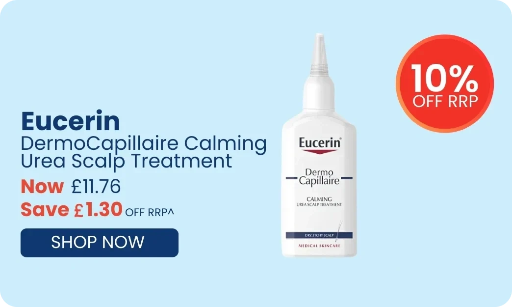 Eucerin DermoCapillaire Calming Urea Scalp Treatment bottle with promotional text on a light blue background