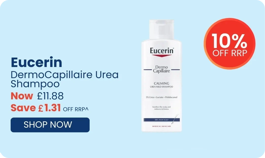 Eucerin DermoCapillaire Urea Shampoo  with promotional text on a light blue background