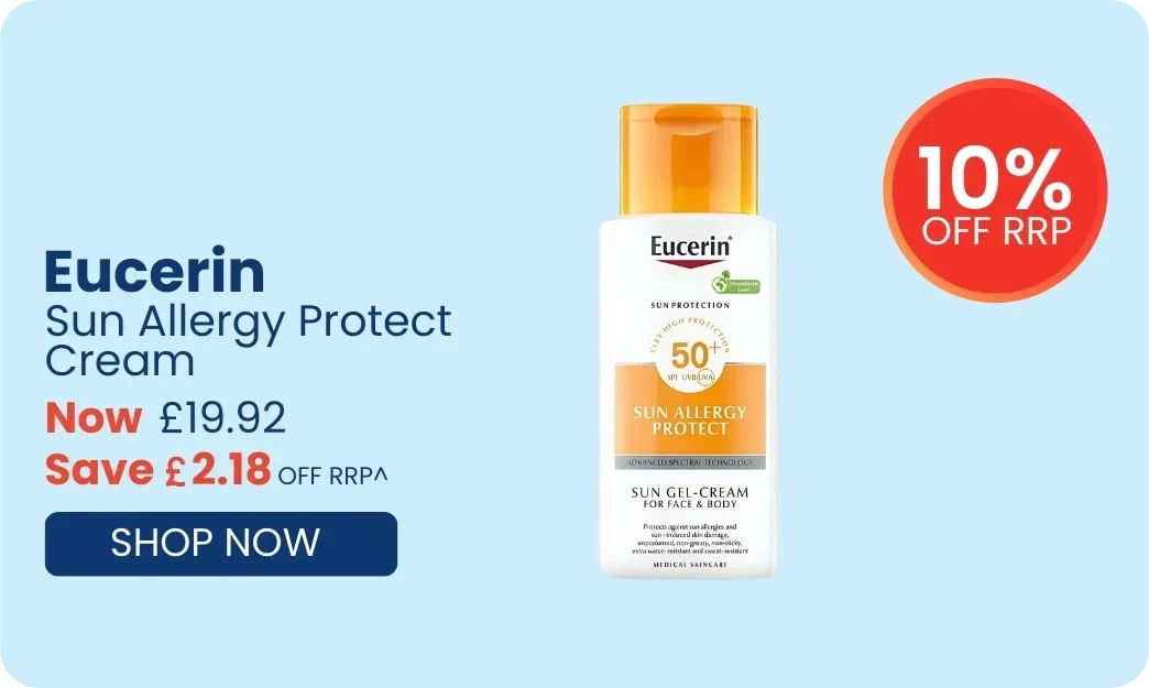 Eucerin Sun Allergy Protect Cream bottle with promotional text on a light blue background