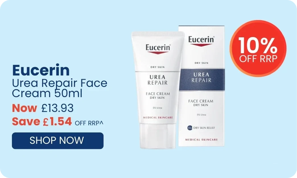 Eucerin Urea Repair Face Cream packaging with promotional text on a light blue background