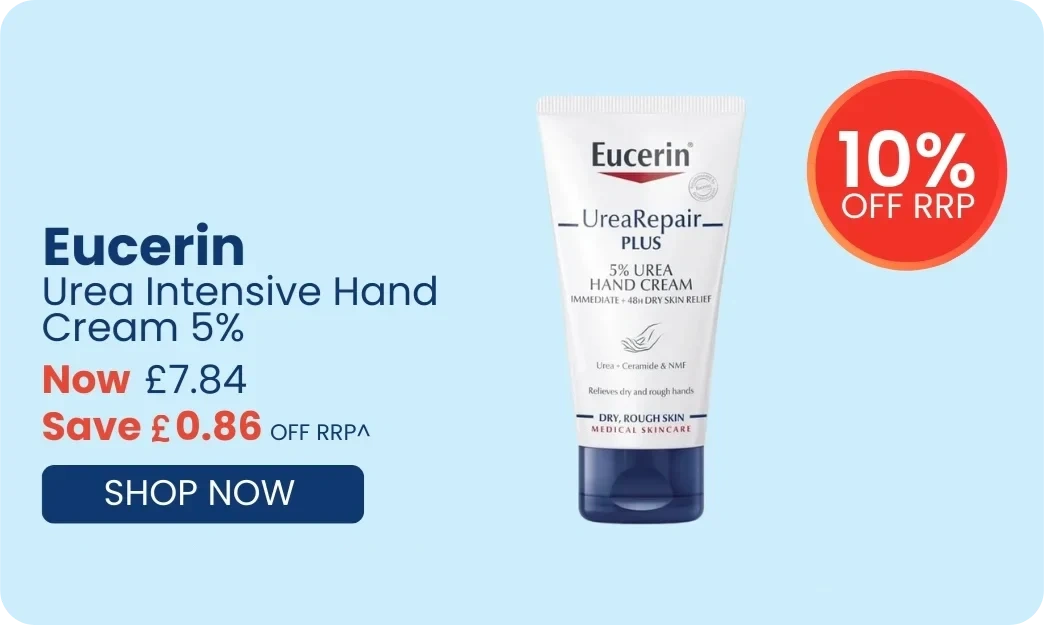 Eucerin Urea Repair Plus hand cream with promotional text on a light blue background
